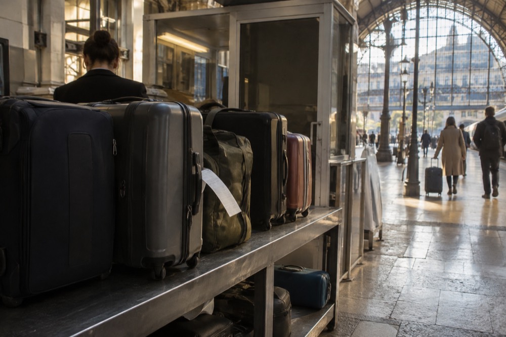 Comptoir de consigne à bagages d'aéroport avec personnel et zone de convoyeur