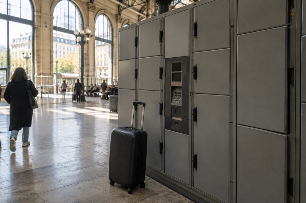 Rangée de casiers en libre-service gris dans un hall de gare lumineux