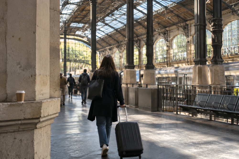Voyageur marchant avec une valise dans un hall de gare ensoleillé, passant devant des boutiques