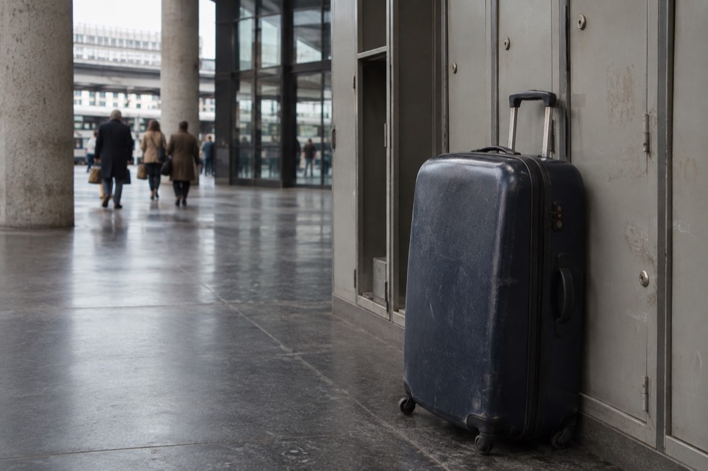 Un hall de gare avec une valise qui attend à côté d'une rangée de casiers