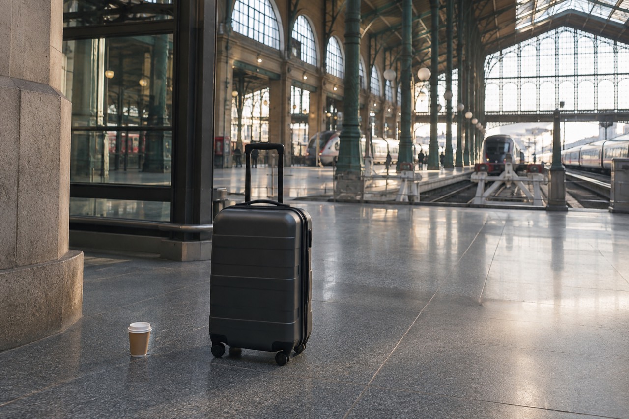 A suitcase standing in a bright airport terminal near Paris