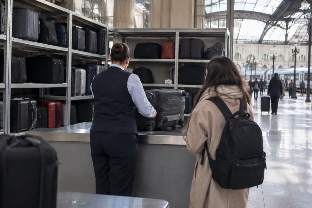 Comptoir de consigne à bagages à l'aéroport avec un guichet tenu par du personnel et des étagères de valises stockées derrière