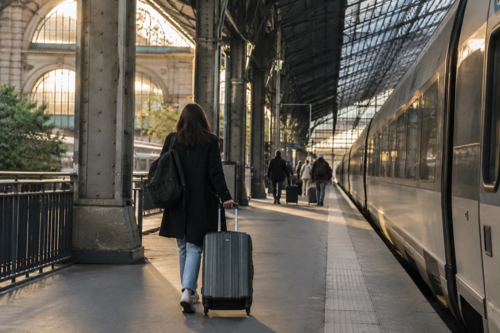Hall de gare avec un voyageur marchant à côté d'une valise à roulettes vers les quais