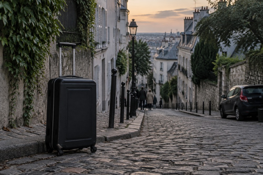 Une valise dans une ruelle pavée de Paris devant des devantures fermées