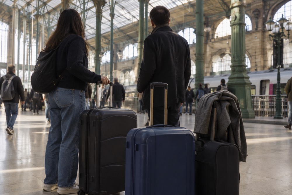 Des voyageurs avec des valises attendant dans un hall de départs internationaux à toit de verre