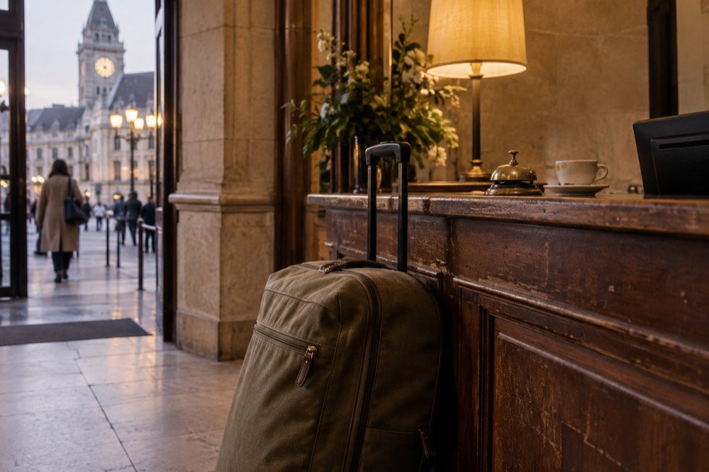 Une valise posée près d'un comptoir de réception d'hôtel en bois, dans une lumière chaude à Paris