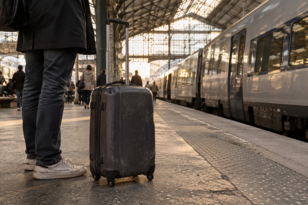 Une valise sur un large quai de gare sous une longue verrière de verre et de fer à Paris