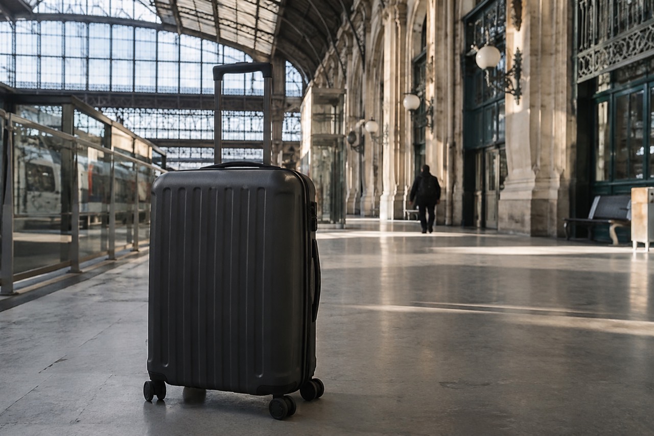 A suitcase on an empty walkway under the tall glass and iron roof at Gare de Lyon