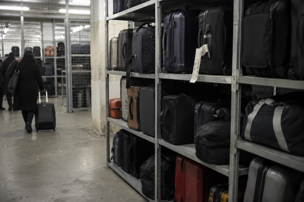 Rangées de valises et de sacs de voyage empilés dans une salle de stockage sécurisée d'aéroport