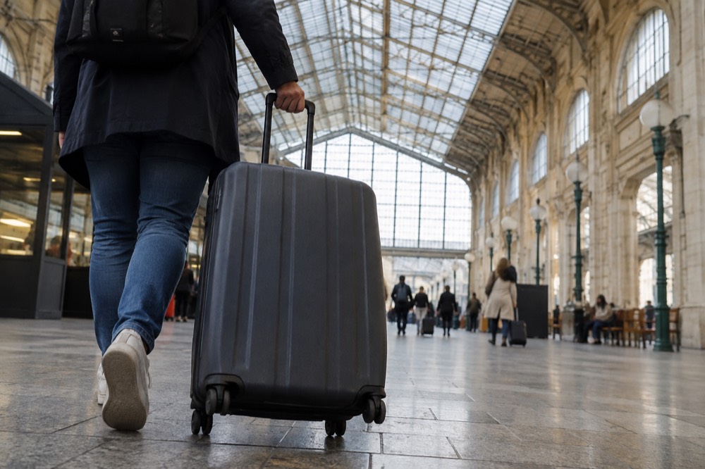 Un voyageur tirant une grande valise dans le hall d'une gare parisienne