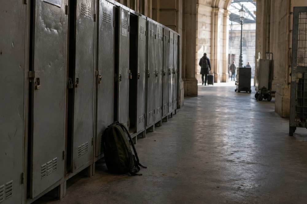 Un couloir de portes de casiers métalliques dans le sous-sol d'une gare parisienne