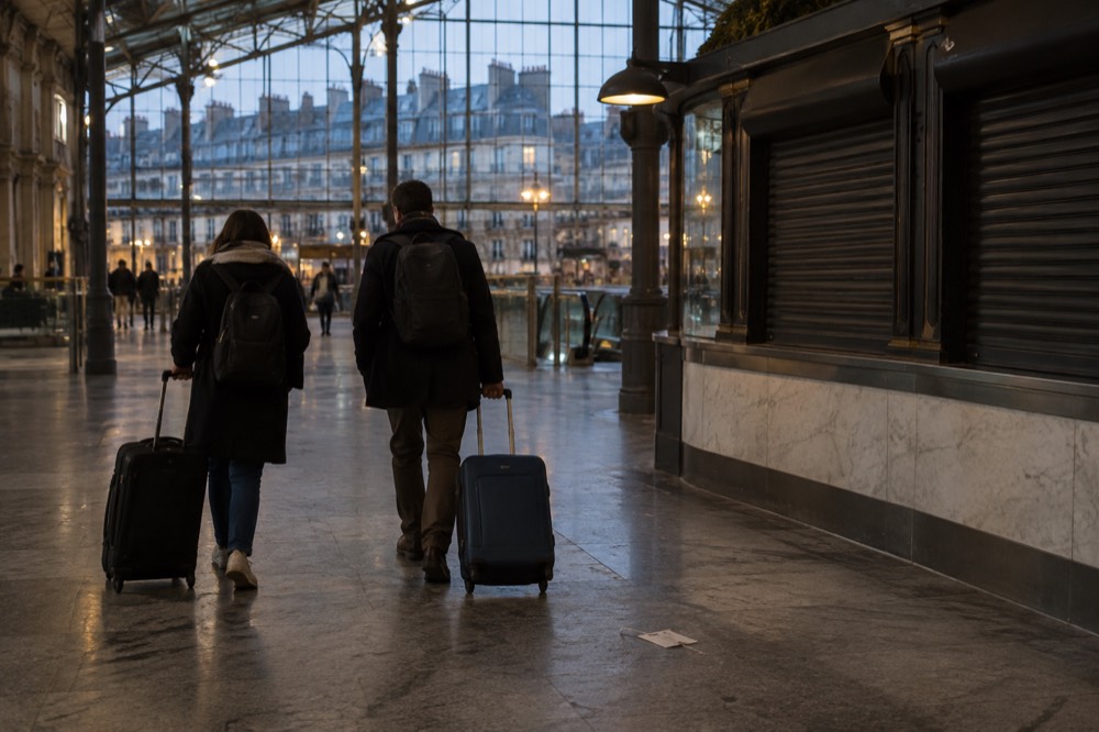 Voyageurs avec des valises passant devant un guichet fermé dans un hall de gare parisien animé