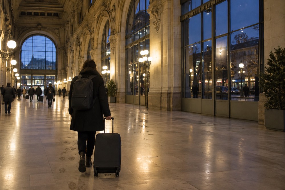 Une valise à roulettes tirée dans le hall fréquenté d'une gare parisienne