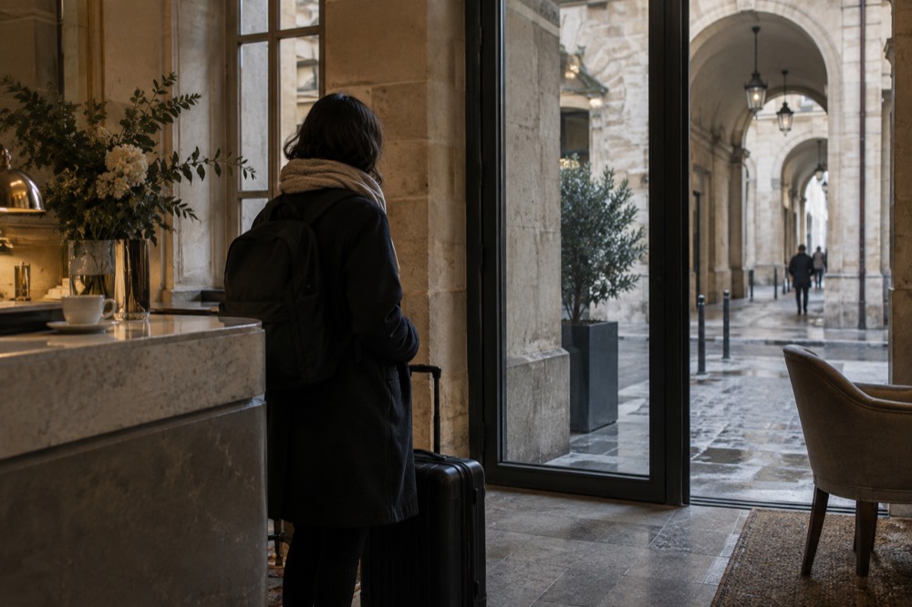 A traveller waiting with a suitcase in a Paris hotel lobby in the morning
