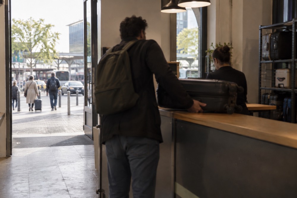 Un voyageur remettant une valise par-dessus le comptoir d'un commerce à Paris