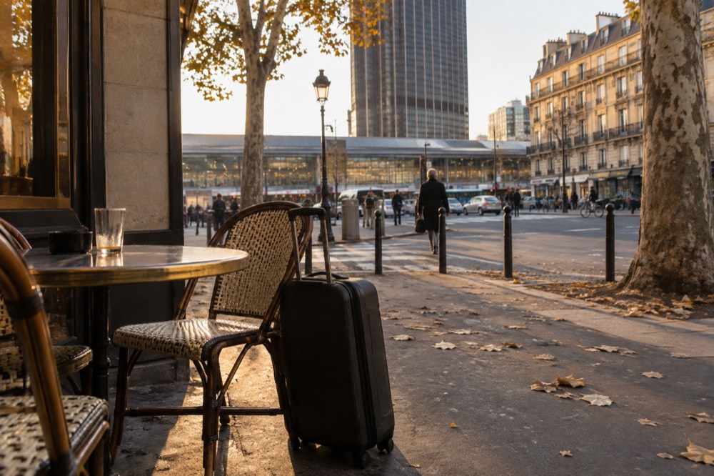 Une valise à côté d'une terrasse de café vide dans une rue parisienne près de Montparnasse