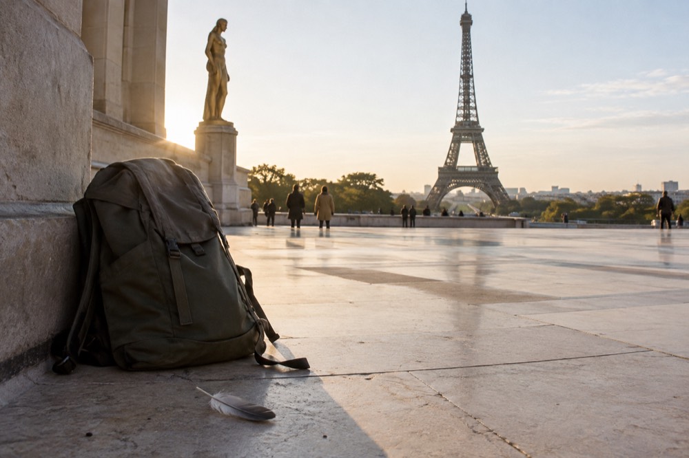 A rucksack on the Trocadero esplanade with the Eiffel Tower across the Seine