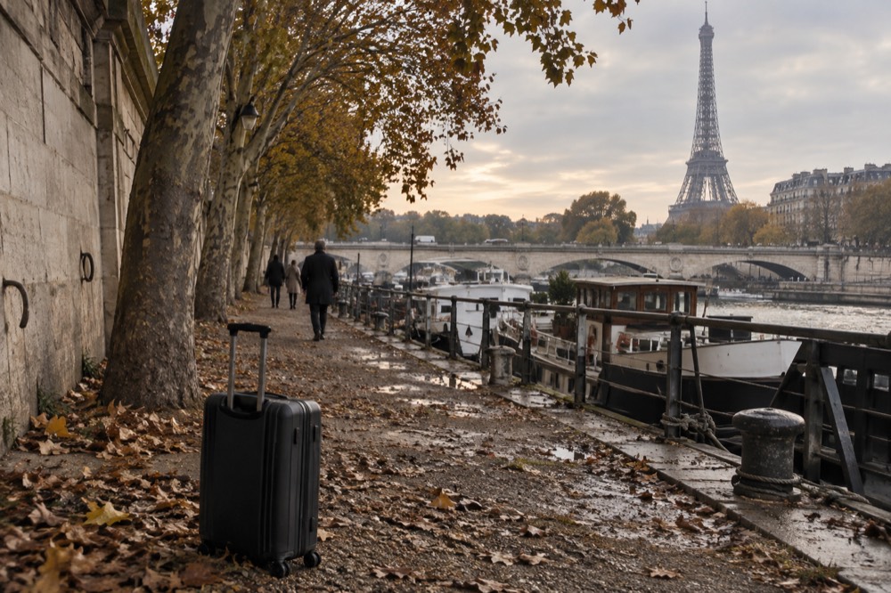 A suitcase on a tree-lined path along the Seine with the Eiffel Tower in the distance