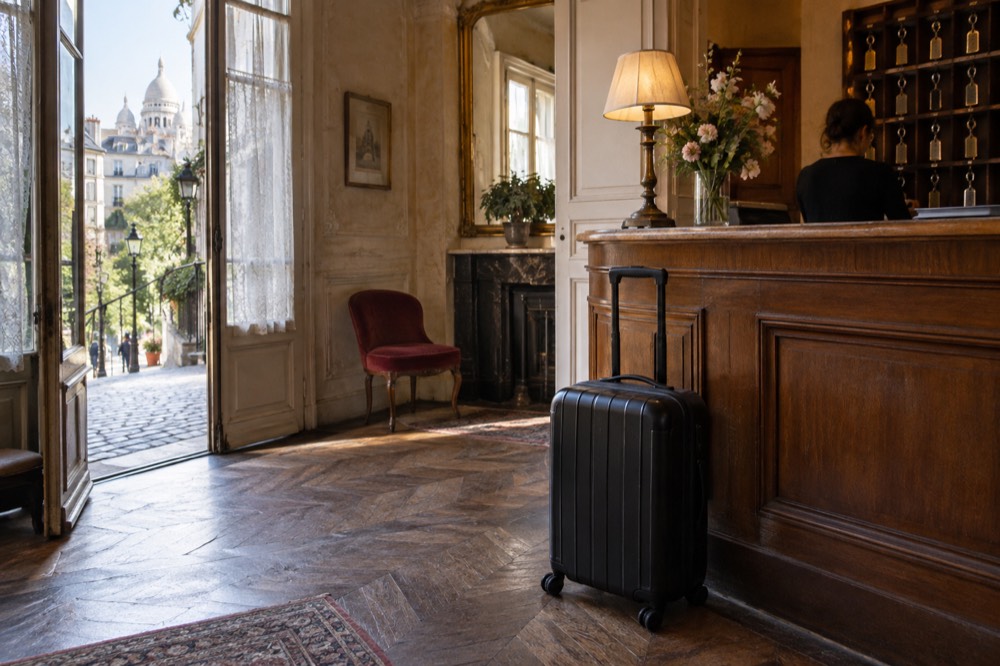 Valise posée à côté du comptoir de réception d'un hôtel dans un hall parisien