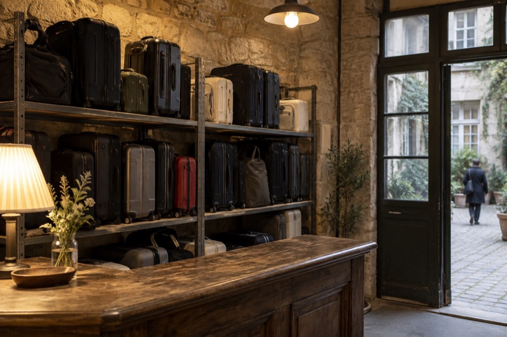Valises étiquetées alignées dans un local à bagages d'hôtel derrière un comptoir de réception