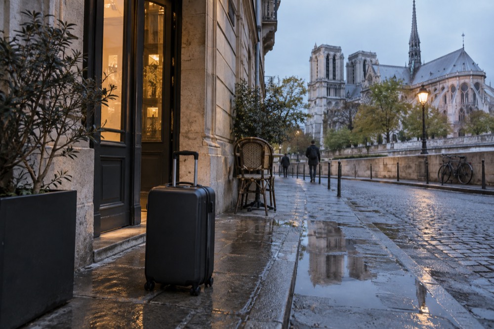 Une valise dans une rue parisienne déserte à la lumière du petit matin, devant l'entrée d'un hôtel