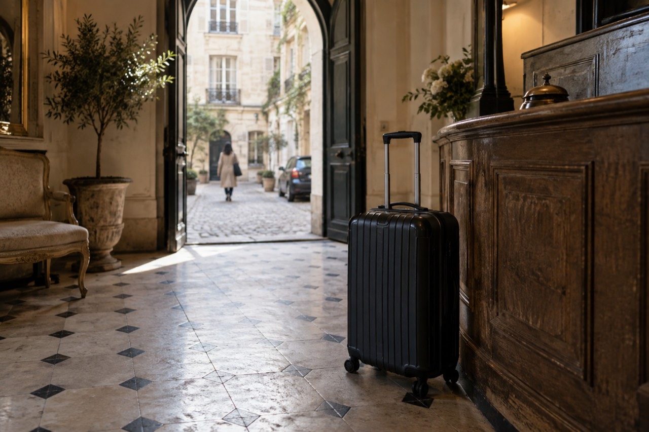 Hotel reception desk in a Paris lobby with a suitcase waiting beside the counter