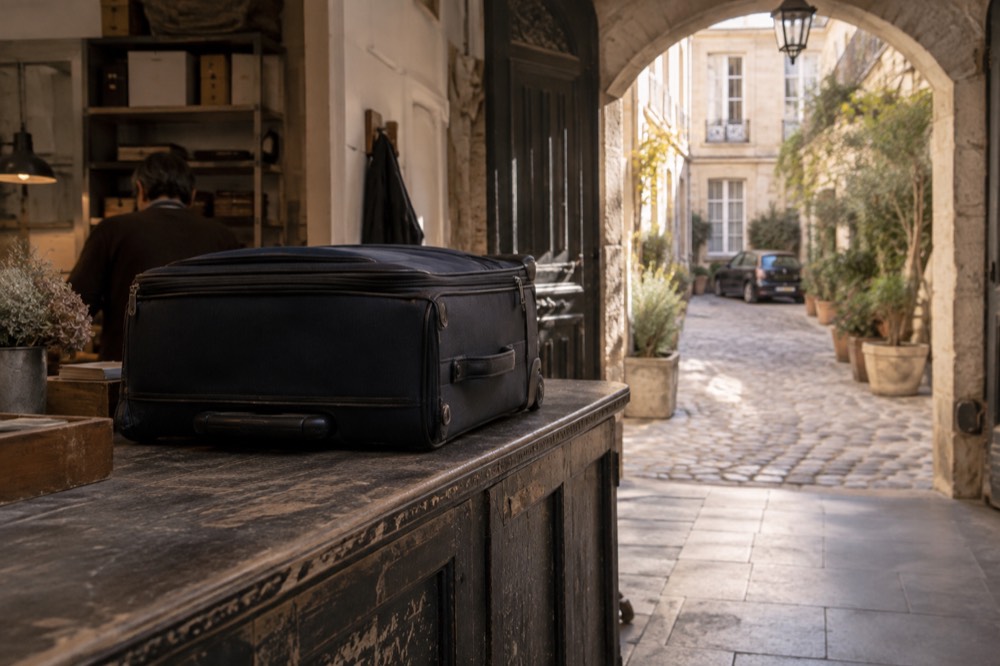 Un comptoir de boutique avec une valise en attente d'étiquetage pour la consigne