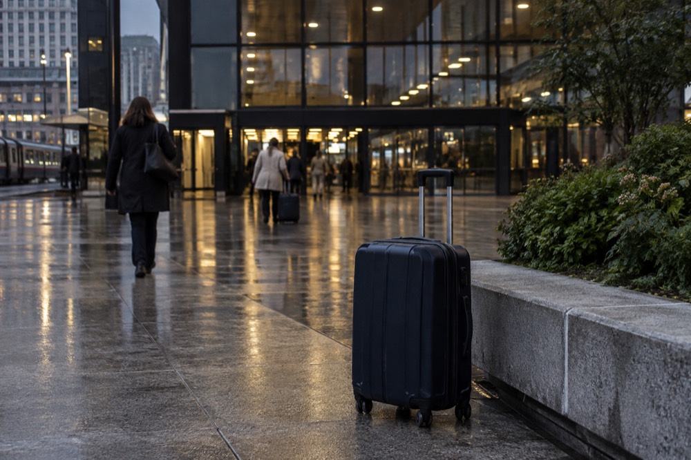Une valise devant la devanture d'une petite boutique dans une rue parisienne