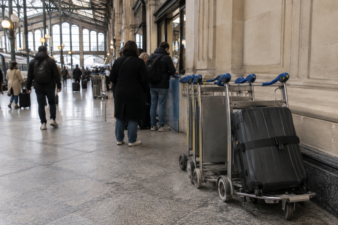 Departure hall at Charles de Gaulle airport with trolleys lined up beside the check-in counters