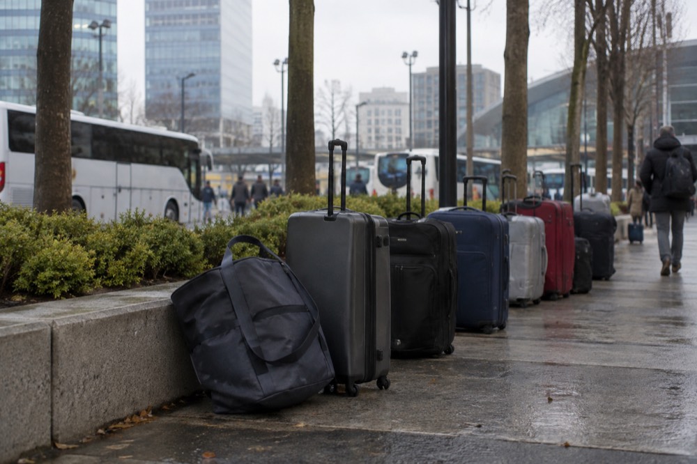 Un arrêt de bus devant une gare parisienne avec des bagages alignés sur le trottoir