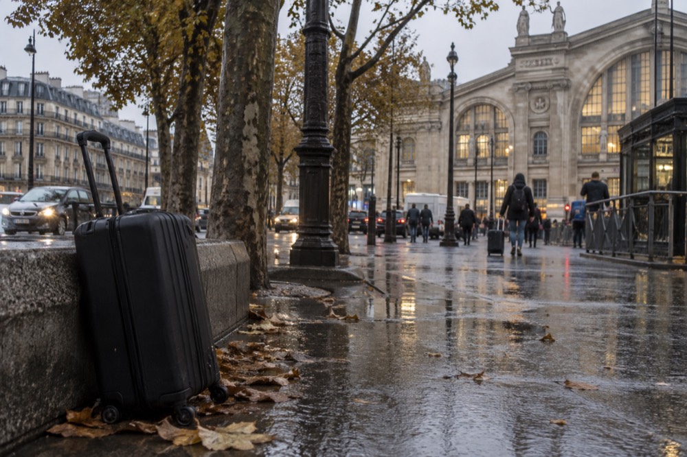 Un banc de gare vide avec une valise posée à côté et personne aux alentours