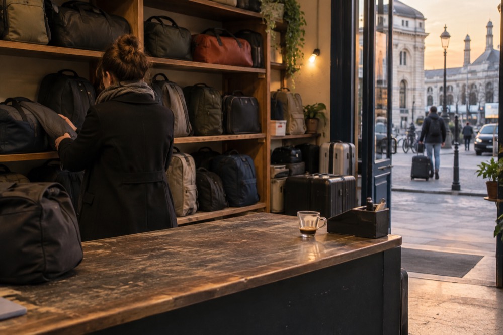 L'intérieur d'une boutique avec un comptoir tenu par du personnel où des bagages de voyage sont rangés sur des étagères derrière