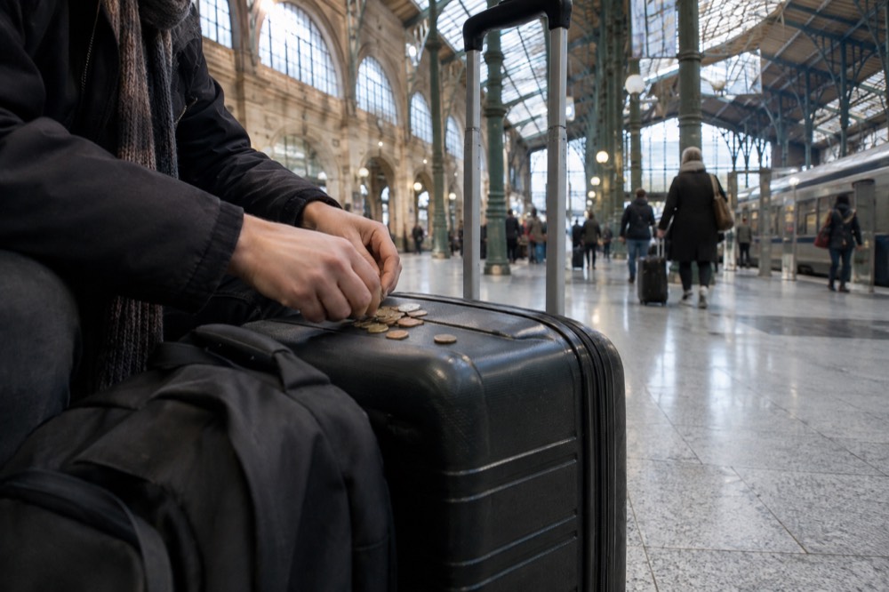 Voyageur comptant des billets en euros à côté d'une valise sur un banc du hall d'une gare