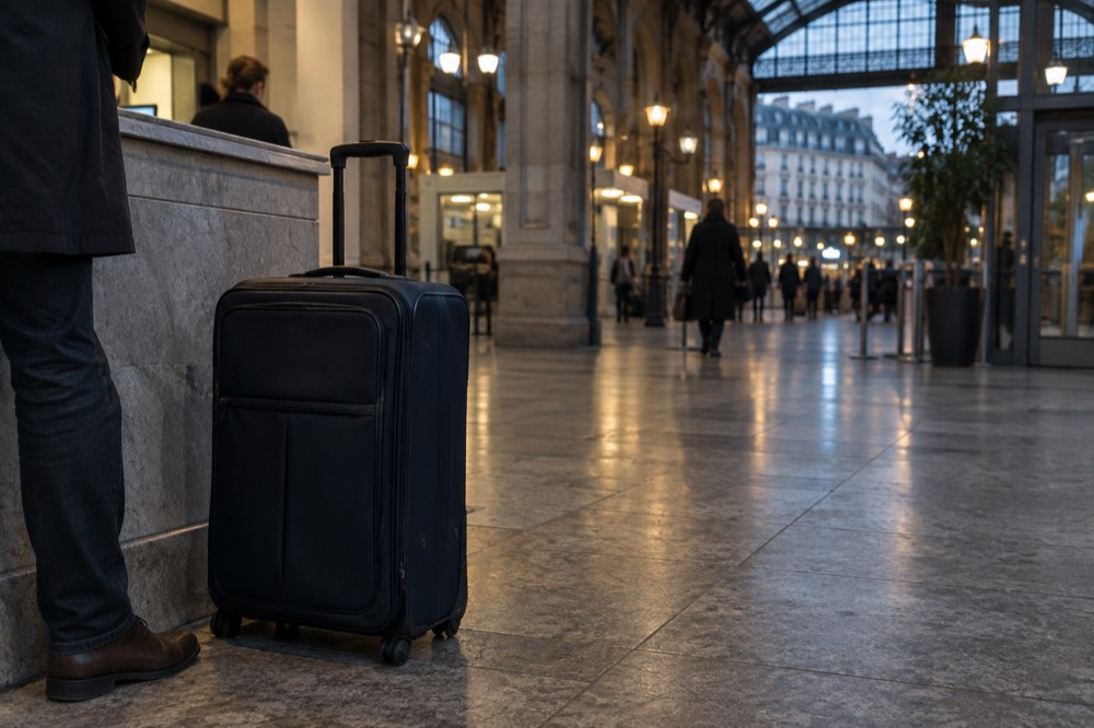 Une valise laissée près du comptoir de réception d'un hôtel à Paris