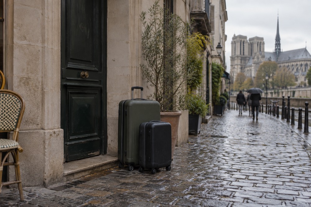 Une porte fermée dans un couloir d'hôtel parisien avec deux valises qui attendent devant