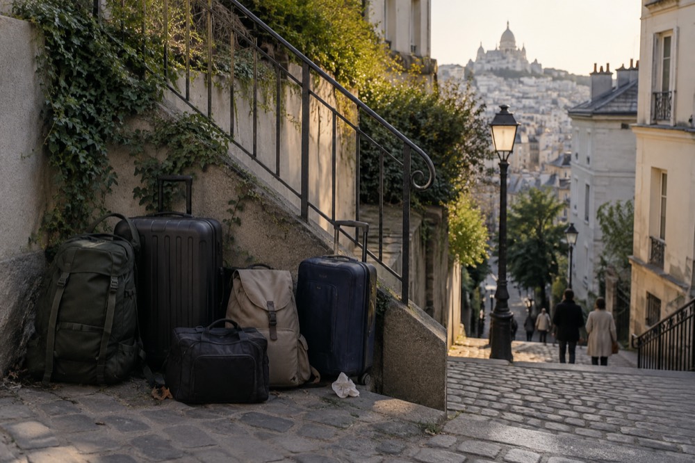 Plusieurs valises rangées ensemble dans un coin derrière un escalier d'hôtel, sans personnel présent