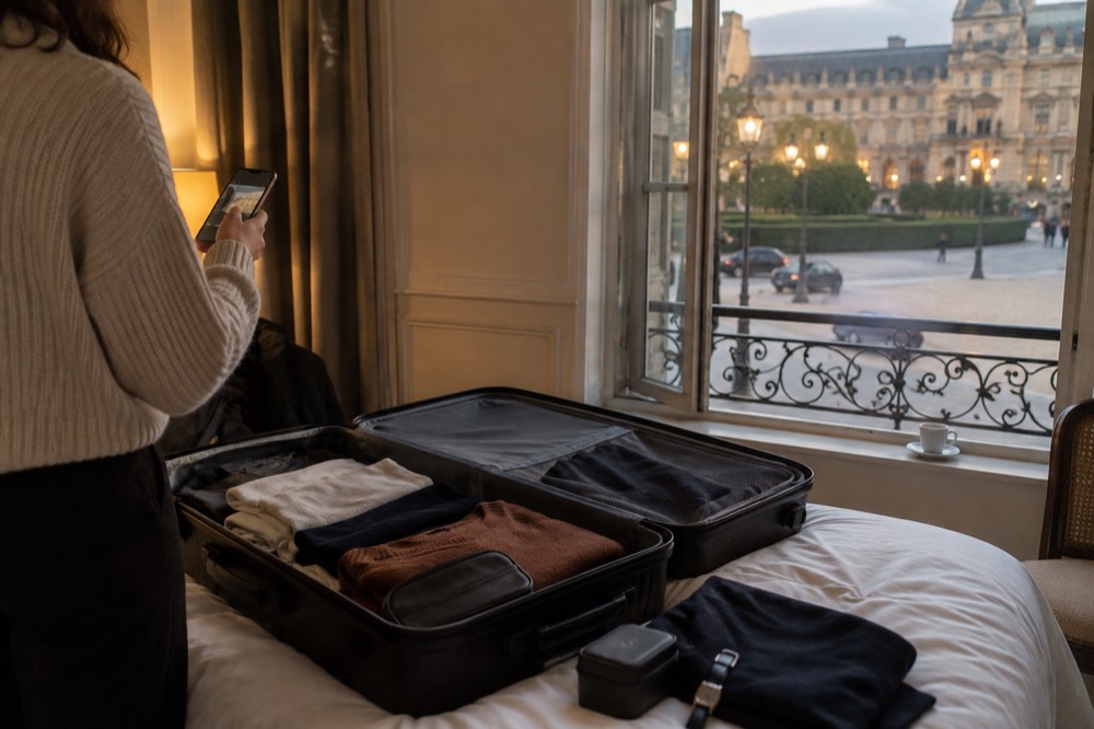 Une valise ouverte sur un lit d'hôtel en cours de préparation, photographiée avec un téléphone