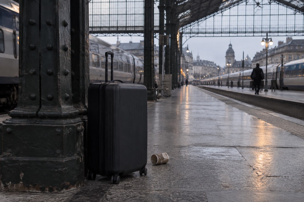 Une valise seule à côté d'un pilier sur un quai de gare vide