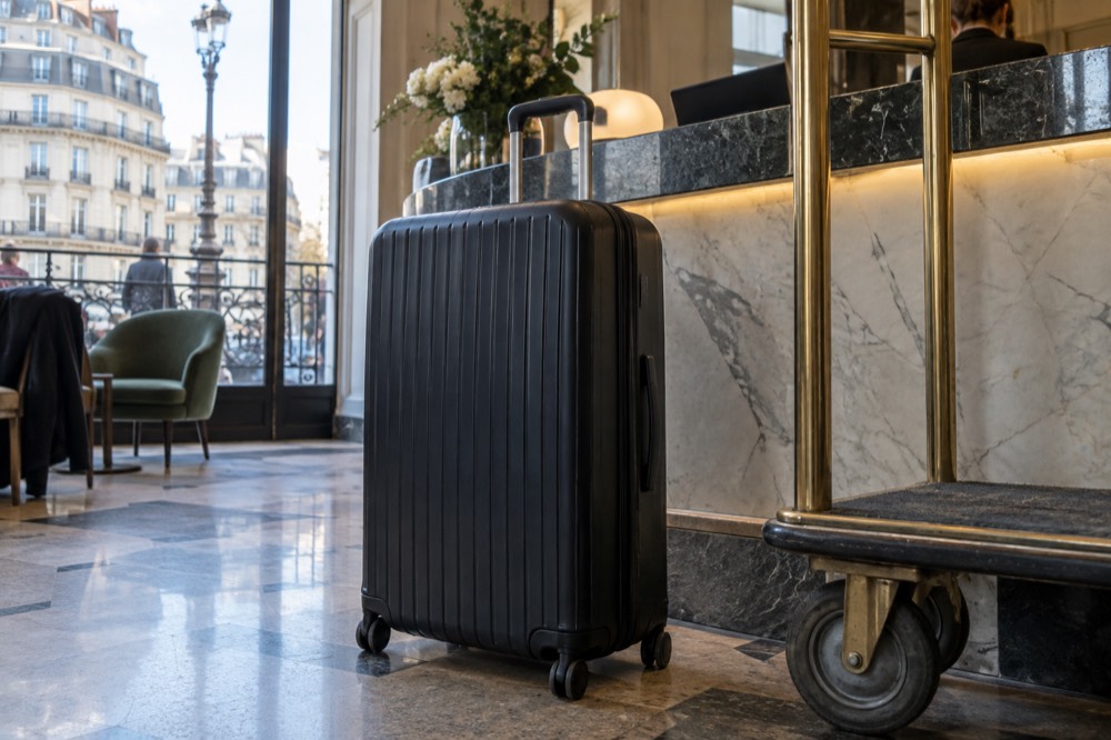 A reception counter with a suitcase parked beside it in a hotel lobby