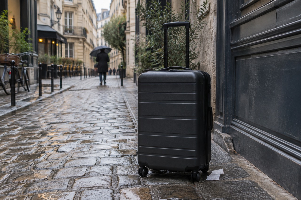 A closed suitcase standing beside a shuttered shop front on a Paris street