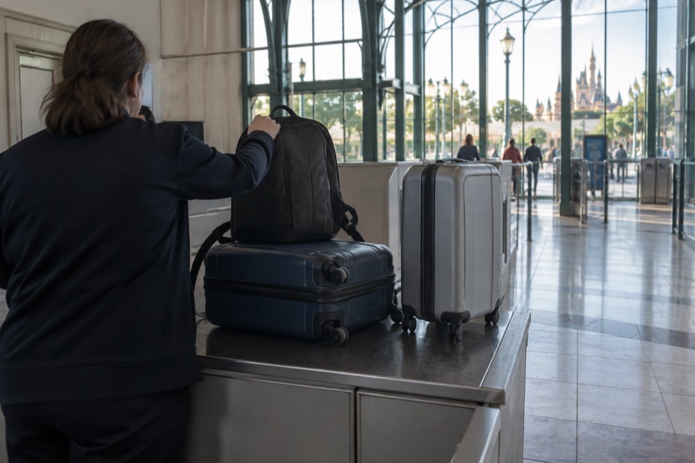 Un comptoir de consigne à bagages avec personnel à côté du tourniquet d'entrée d'un parc à thème