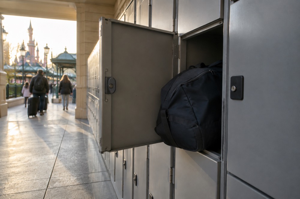Une rangée de casiers à bagages à pièces et par carte dans un couloir lumineux