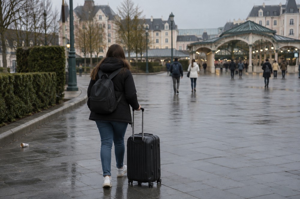 Un voyageur tirant une valise à roulettes à travers le hall d'une gare vers un quai