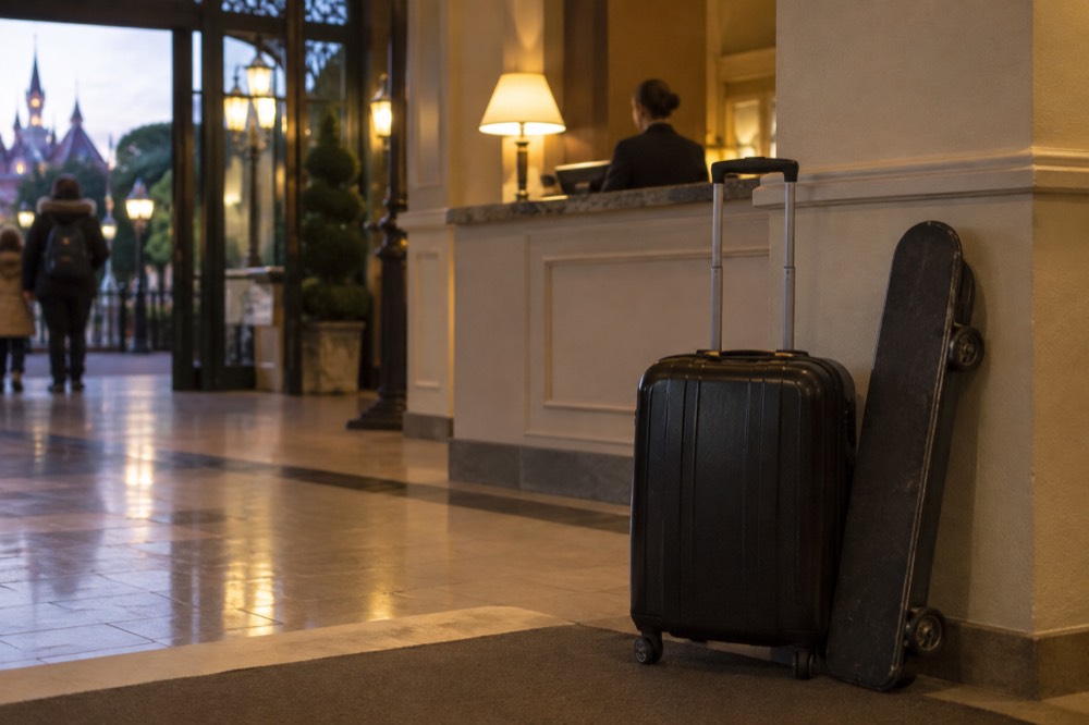 Un comptoir de réception d'hôtel avec une valise posée à côté dans un hall