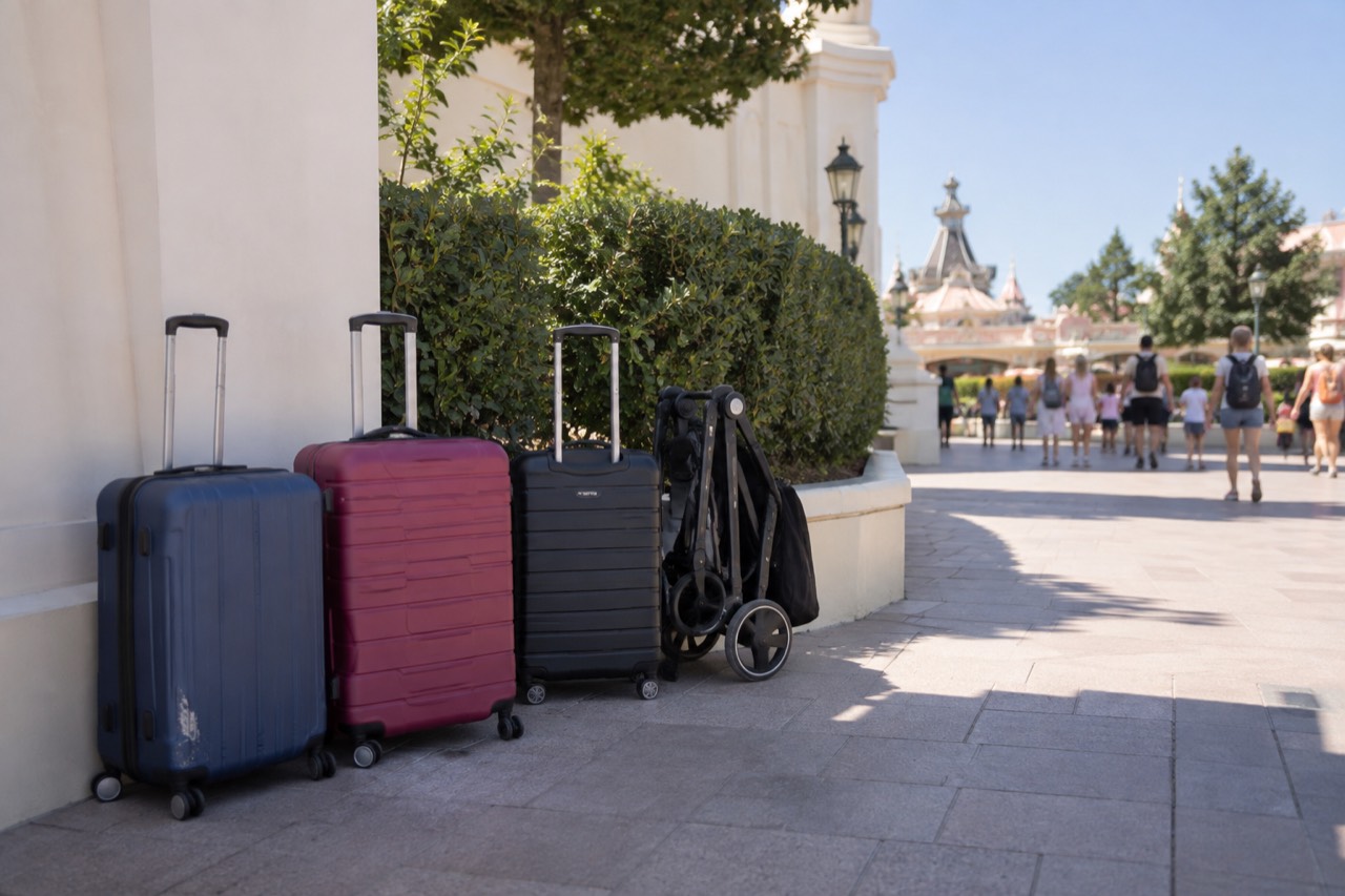 Lockers and stroller parking beside the entrance gates of a theme park under a bright sky