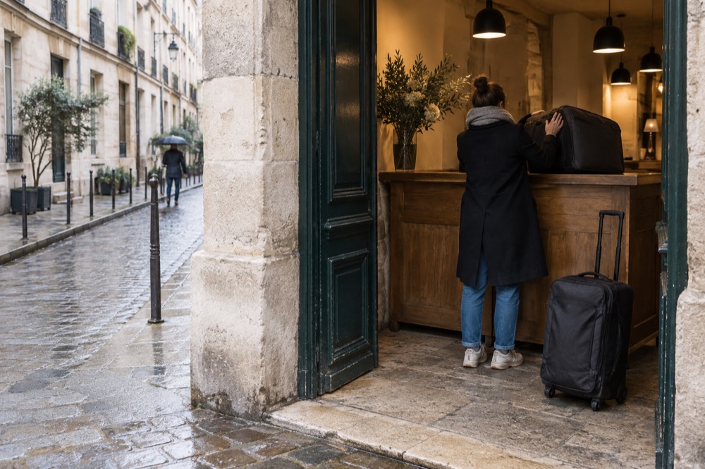 Un voyageur remettant une valise au comptoir d'une petite boutique parisienne