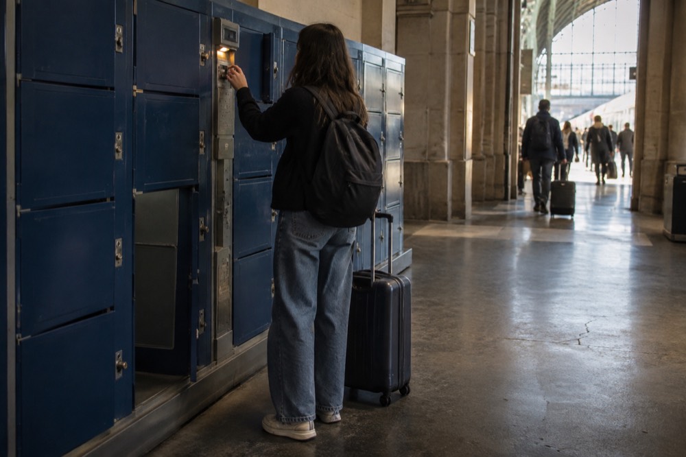 Une rangée de casiers automatiques SNCF bleus dans un couloir de gare, avec un voyageur insérant une pièce.