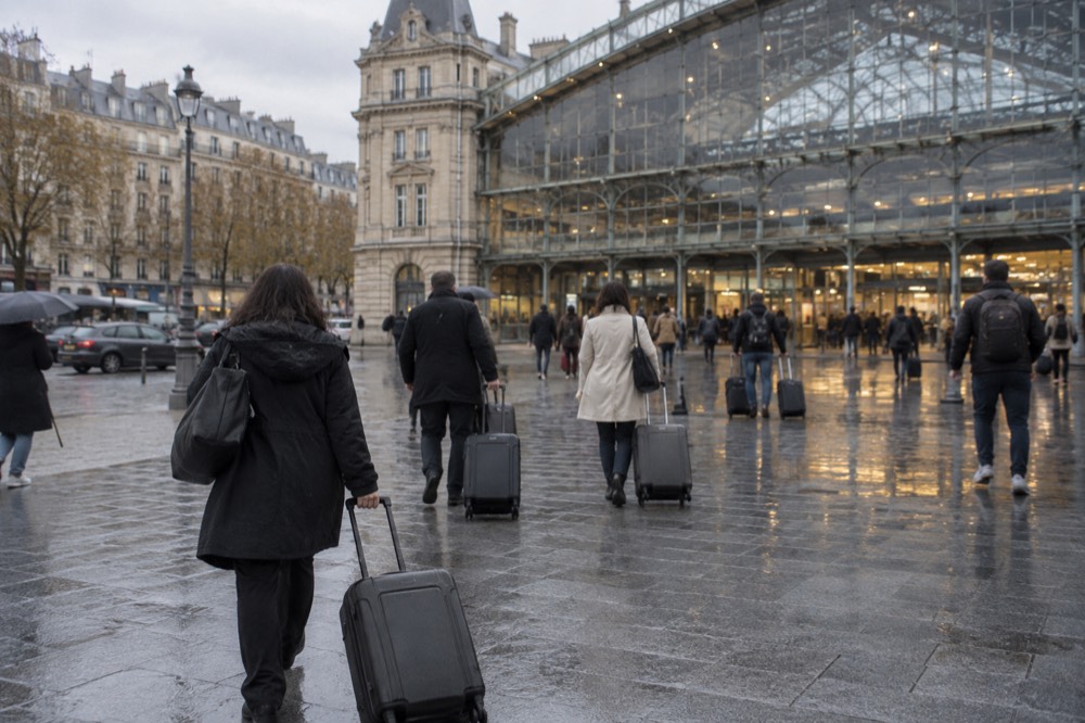 L'entrée principale de la Gare Saint-Lazare, avec sa façade vitrée, et des voyageurs tirant leurs valises vers la rue.