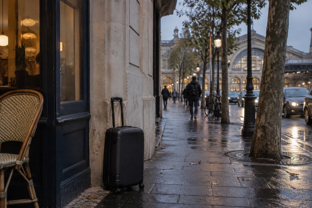 Une valise sur le trottoir devant la vitrine d'une petite boutique, dans une rue de Paris près d'une gare