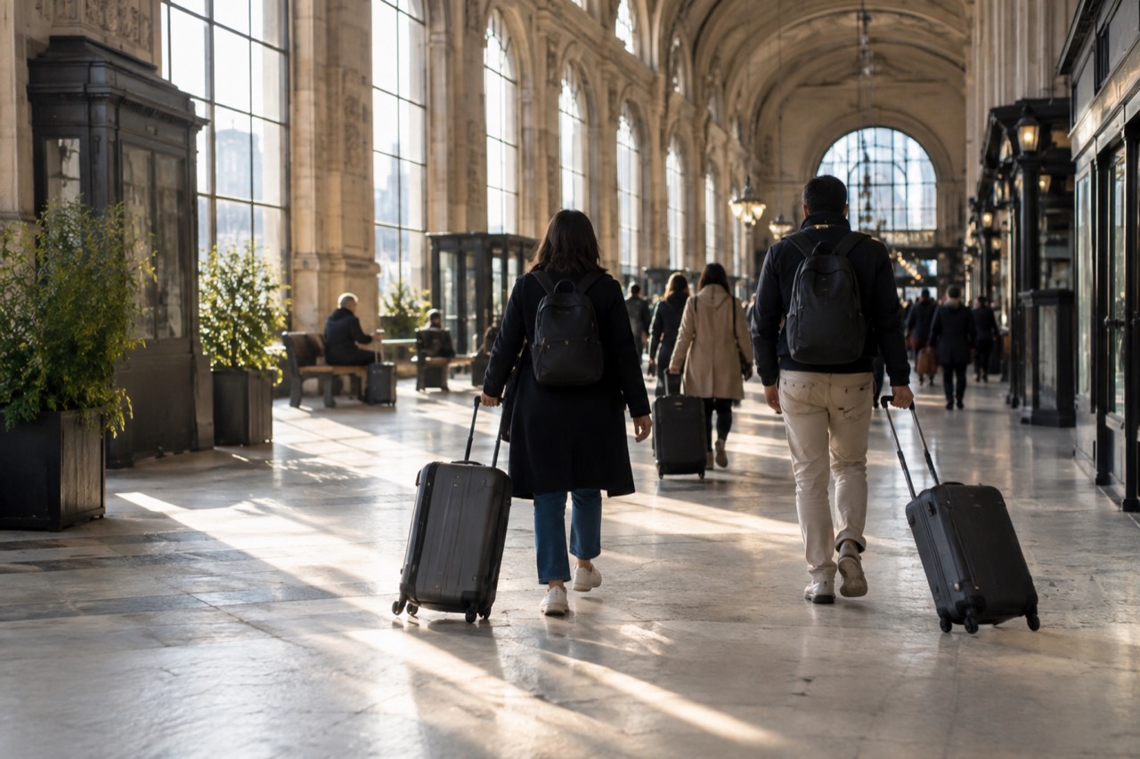 Travellers walking with suitcases across a Paris train station concourse